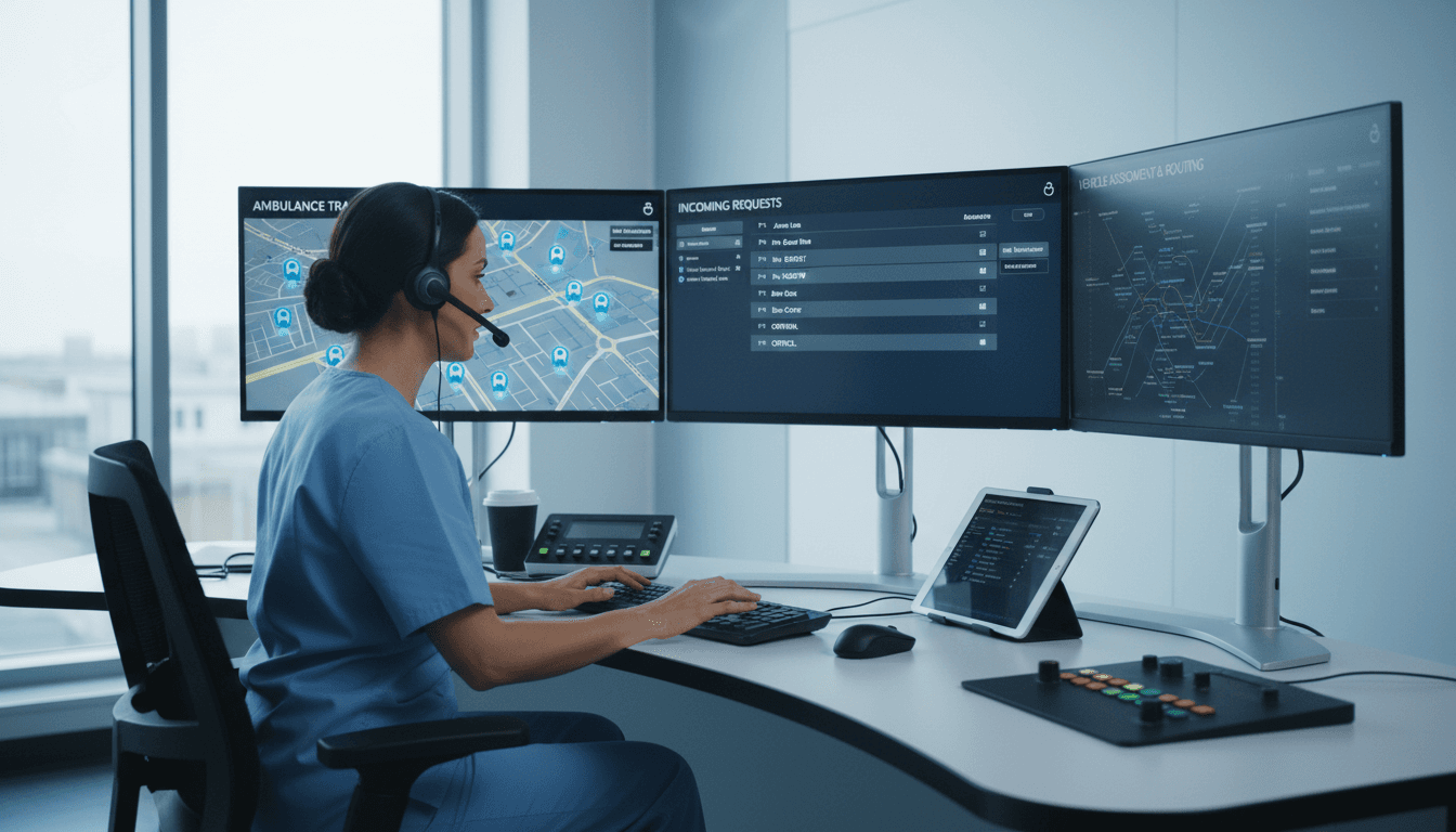 Hospital emergency dispatch coordinator at control center monitoring multiple screens with real-time ambulance locations and patient requests